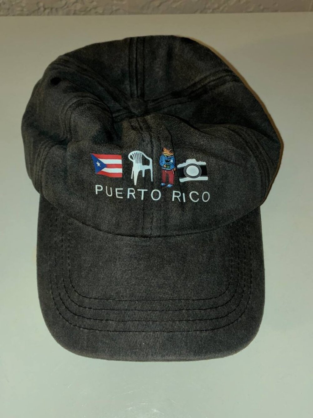 Puerto Rico Dad Cap Strapback Denim Distressed Hat - New Gray Flag Chair Camera